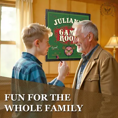Father and son playing darts in a home game room with personalized green dartboard cabinet featuring custom name, family fun wall decor.