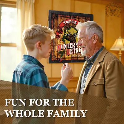 Father and son playing darts in a cozy game room featuring a personalized Hunter’s Retreat deer hunting dartboard cabinet on the wall.