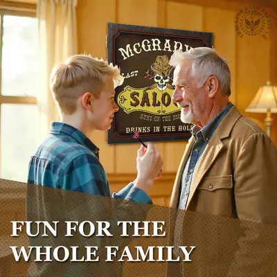 Father and son playing darts in front of personalized Western Saloon dartboard cabinet in a rustic game room.