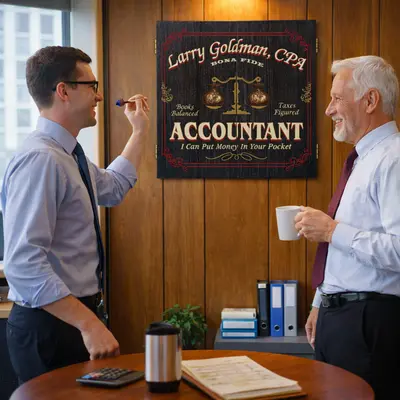 Two accountants playing darts in a professional office with a personalized accountant dartboard cabinet featuring custom name design mounted on wood-paneled wall.