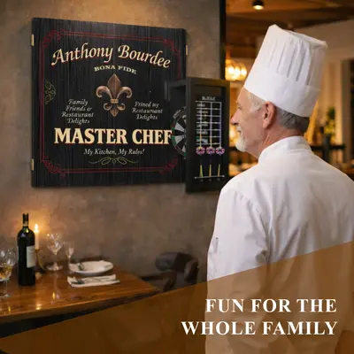 Personalized Master Chef dartboard cabinet mounted on restaurant wall with chef viewing custom name design