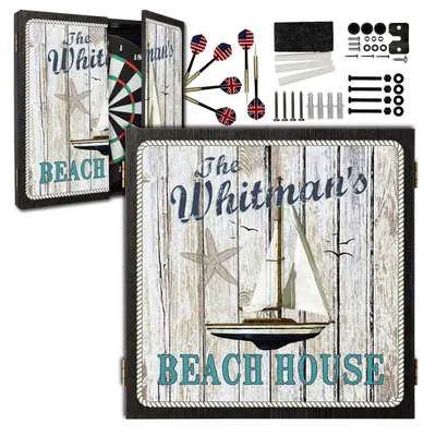 Nautical beach house dartboard cabinet set with flag-themed darts, mounting hardware, and coastal wood design, ideal for game rooms and beach house decor.