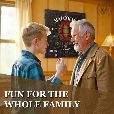 Father and son enjoying darts in a home game room with a personalized Bourbon Bar dartboard cabinet, stylish home bar decor for family entertainment spaces.