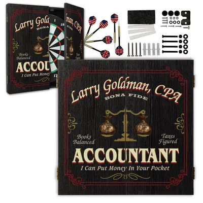 Personalized accountant dartboard cabinet set with custom CPA name design, darts, and mounting hardware included