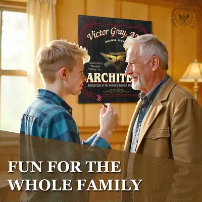 Architect and family member playing darts in home office with personalized architect dartboard cabinet on wall