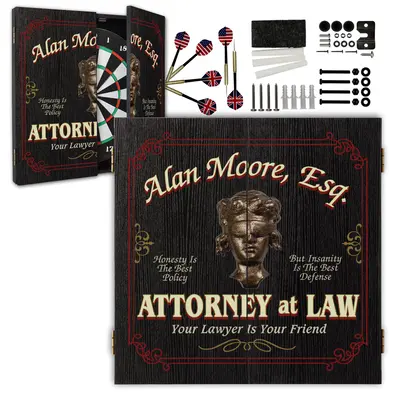 Attorney themed dartboard cabinet with customizable name option and Lady Justice emblem displayed on wooden wall.