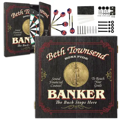 Personalized banker dartboard cabinet set with custom name design and complete dart accessories.