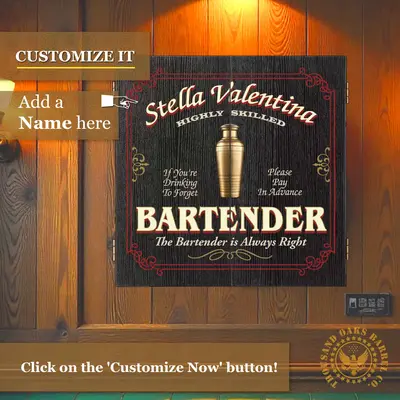 Personalized bartender dartboard cabinet mounted on wall with custom name design for bar décor