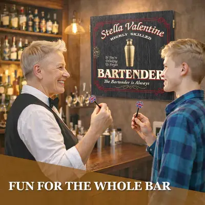 Personalized bartender dartboard cabinet displayed in a bar with bartender and guest playing darts