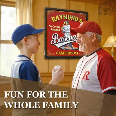 Personalized baseball dartboard cabinet in family game room with custom name design and vintage baseball artwork