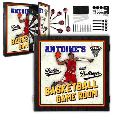Custom basketball dartboard cabinet set with darts, hardware and personalized name design