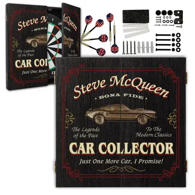 Custom car collector dartboard set with cabinet, darts, mounting hardware, and accessories included.