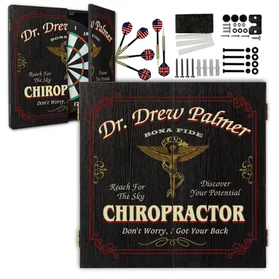 Custom chiropractor dartboard set with cabinet doors open, steel tip darts, mounting hardware, and included accessories.