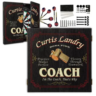 Custom coach dartboard cabinet set with personalized name, darts, mounting hardware, and classic sports design.