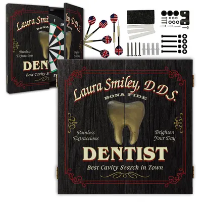 Custom dentist dartboard cabinet set displayed open with dartboard, darts, mounting hardware, and personalized dental design.