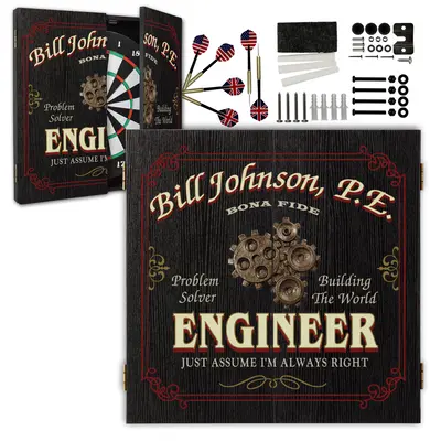 Personalized engineer dartboard cabinet set with custom name, vintage gear design, darts, and mounting hardware included.