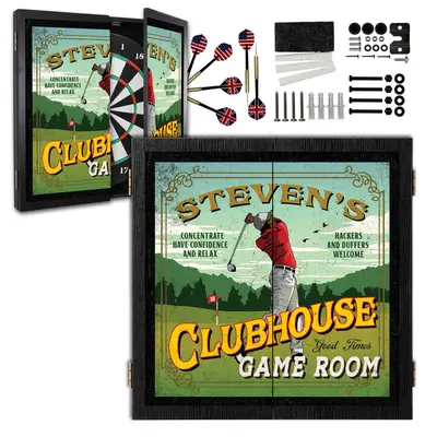 Custom golf dartboard cabinet set with personalized name design, open doors, darts, and mounting hardware included