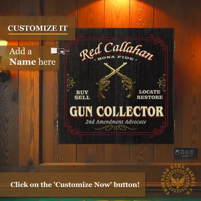 Custom gun collector dartboard cabinet showing personalized name option and rustic firearm design
