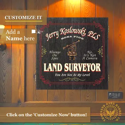 Personalized land surveyor dartboard cabinet with custom name option and vintage surveying instrument design