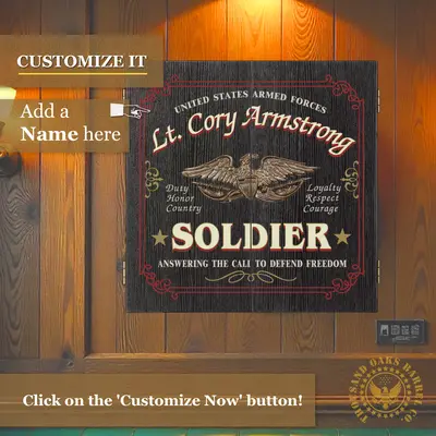 Custom soldier dartboard cabinet mounted on wood wall showing add your name personalization option for military gift.