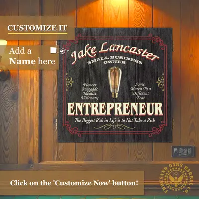 Personalized Entrepreneur dartboard cabinet wall mounted with custom name option displayed on wood panel wall
