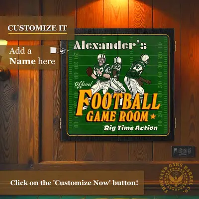 Custom name football dartboard cabinet with personalization preview and customize now message.