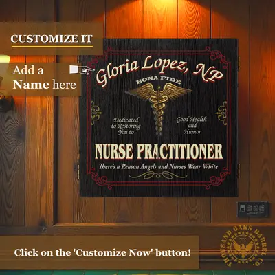 Custom name Nurse Practitioner dartboard cabinet wall mounted on wood panel background
