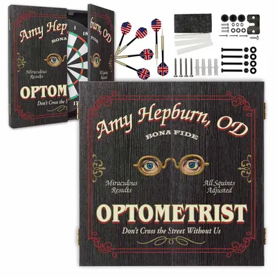 Custom Optometrist dartboard cabinet set with personalized name design, dartboard, darts and mounting hardware included