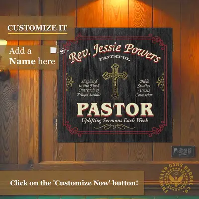 Personalized Pastor dartboard cabinet mounted on wood wall with custom name and cross design