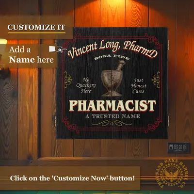 Custom name pharmacist dartboard cabinet mounted on wall showing vintage pharmacy design and personalization option.