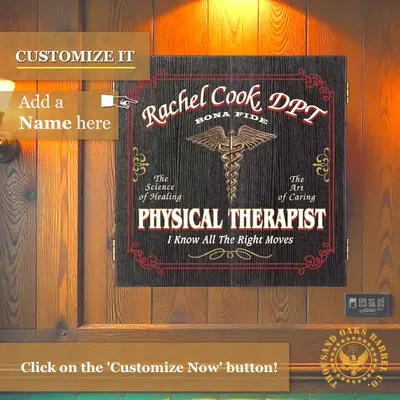 Custom name physical therapist dartboard cabinet mounted on wood wall with medical caduceus design