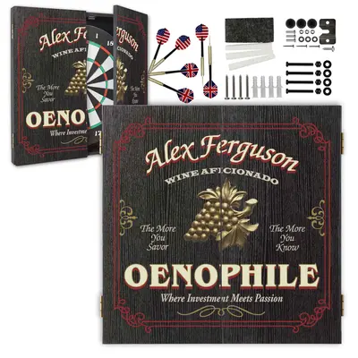 Custom Oenophile dartboard cabinet set including dartboard, darts and mounting hardware with personalized name design