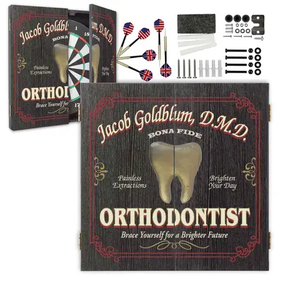 Custom Orthodontist dartboard cabinet set with personalized name design, dartboard, darts and mounting hardware included