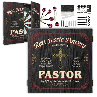 Custom Pastor dartboard cabinet set with personalized name design, dartboard, darts and mounting hardware included