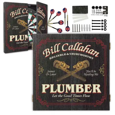 Custom Plumber dartboard cabinet set with personalized name design, dartboard, darts and mounting hardware included
