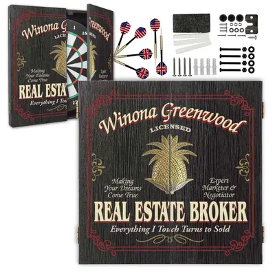 Personalized real estate broker dartboard cabinet set with custom name and complete dart accessories