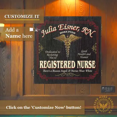 Personalized registered nurse dartboard cabinet with custom name and medical caduceus symbol mounted on wood wall.