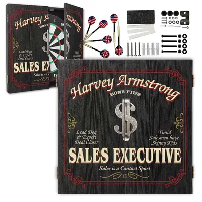 Custom Sales Executive dartboard cabinet set open with dartboard, darts, mounting hardware and personalized name design.