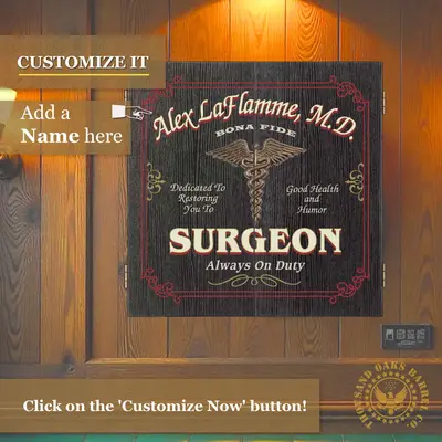 Personalized surgeon dartboard cabinet mounted on wall with custom name option shown