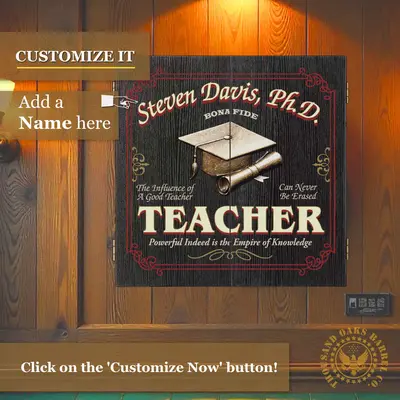 Custom teacher dartboard cabinet mounted on wall with personalized name option and vintage academic design