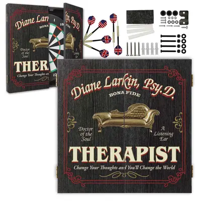 Custom therapist dartboard cabinet set with personalized name, open doors, dartboard and included darts and mounting hardware