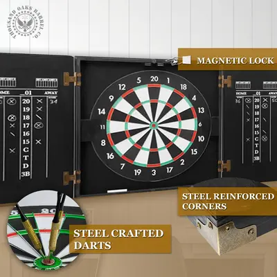 Open dartboard cabinet showing magnetic lock doors, steel crafted darts, reinforced metal corners, and built-in chalk scoreboards.