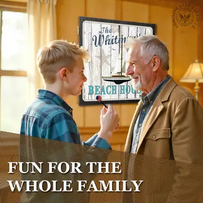 Grandfather and grandson enjoying darts in a beach house game room with personalized nautical dartboard cabinet, perfect for family fun and coastal home entertainment.