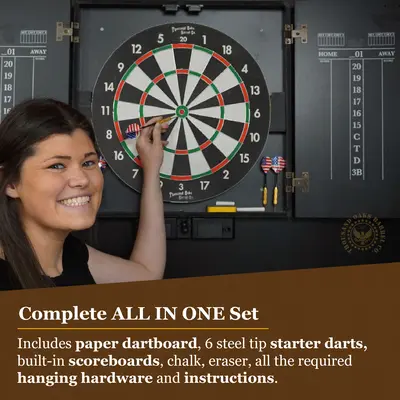 Open personalized dartboard cabinet showing regulation dartboard, built-in chalk scoreboards, and steel tip darts included in the set