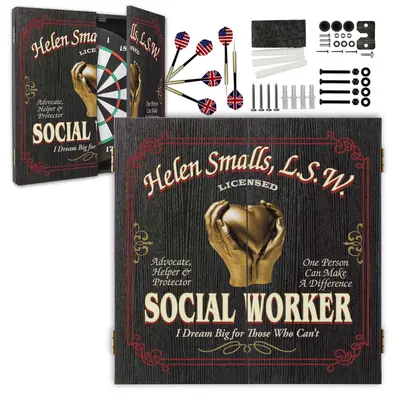 Personalized social worker dartboard cabinet set with custom name design, darts, mounting hardware, and professional social work artwork.