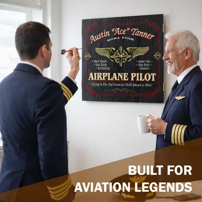 Two airline pilots playing darts in a white room with personalized airplane pilot dartboard cabinet mounted on wall