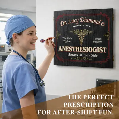 An anesthesiologist in scrubs playing darts on personalized medical dartboard cabinet in hospital break room