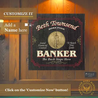 Custom banker dartboard cabinet mounted on wood wall with personalized name option.