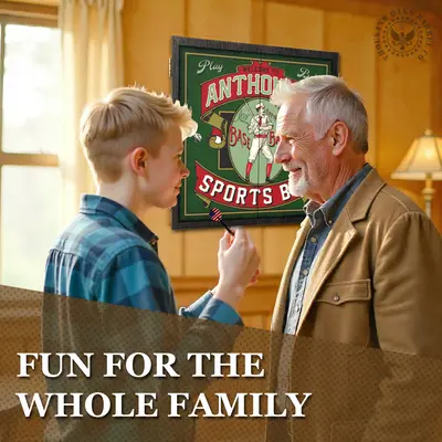 Grandfather and grandson playing darts in a home game room with personalized baseball sports bar dartboard cabinet mounted on wall
