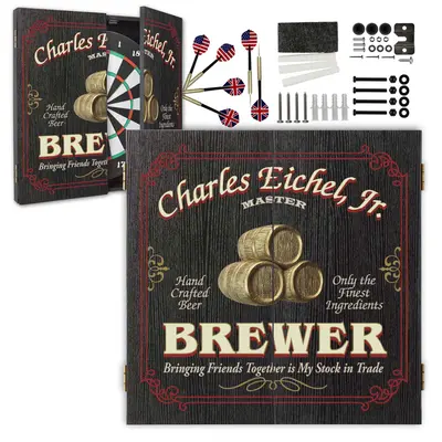 Custom brewer dartboard cabinet set open with dartboard, steel-tip darts, mounting hardware, and accessories included.